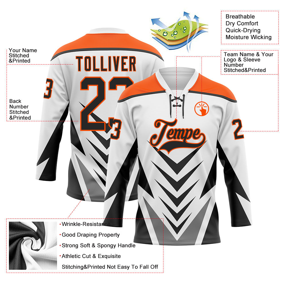 Custom White Black Gray-Orange Abstract Pattern Graphic Cyber Mecha E-sport Hockey Lace Neck Jersey view 5
