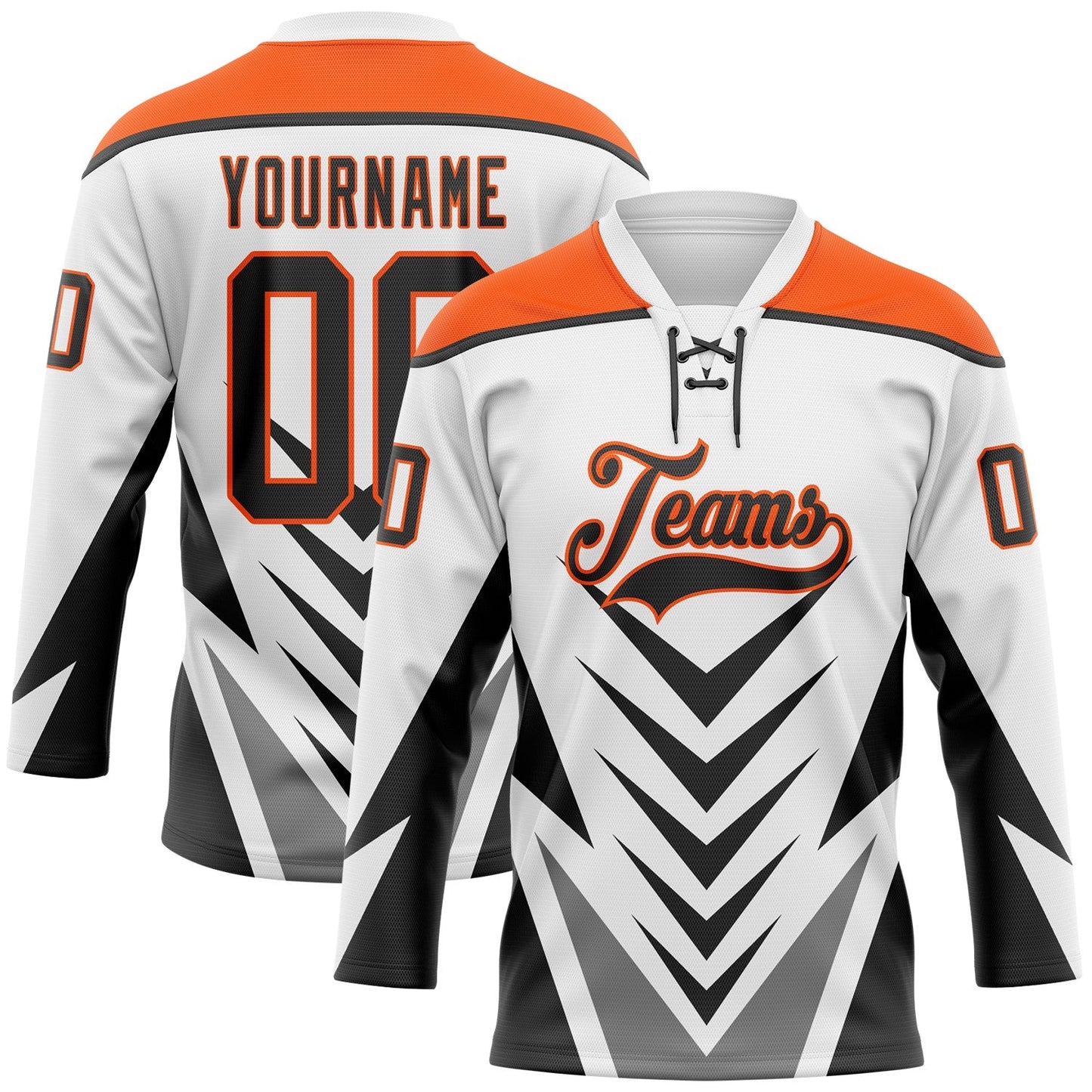 Custom White Black Gray-Orange Abstract Pattern Graphic Cyber Mecha E-sport Hockey Lace Neck Jersey - Main View