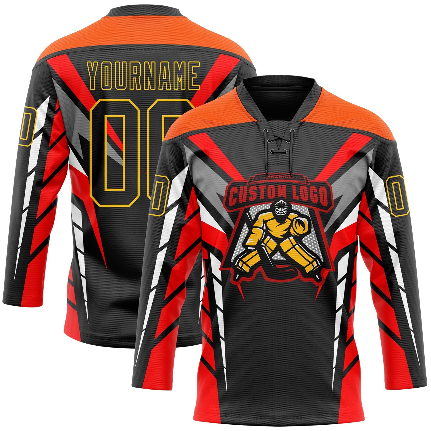 Custom Black Red Gray Orange-Yellow Abstract Pattern Graphic Cyber Mecha E-sport Hockey Lace Neck Jersey view 2