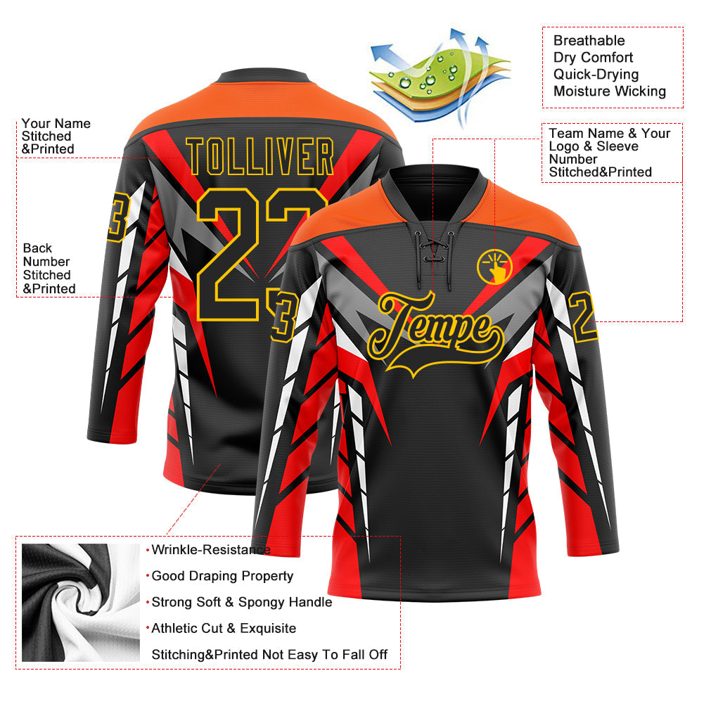 Custom Black Red Gray Orange-Yellow Abstract Pattern Graphic Cyber Mecha E-sport Hockey Lace Neck Jersey view 5