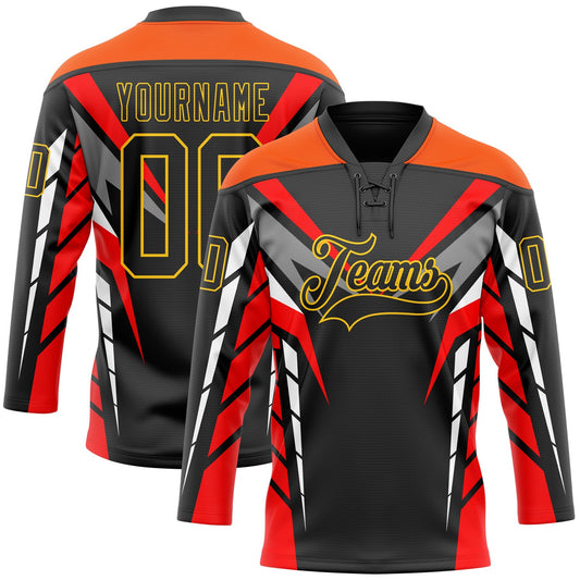 Custom Black Red Gray Orange-Yellow Abstract Pattern Graphic Cyber Mecha E-sport Hockey Lace Neck Jersey - Main View