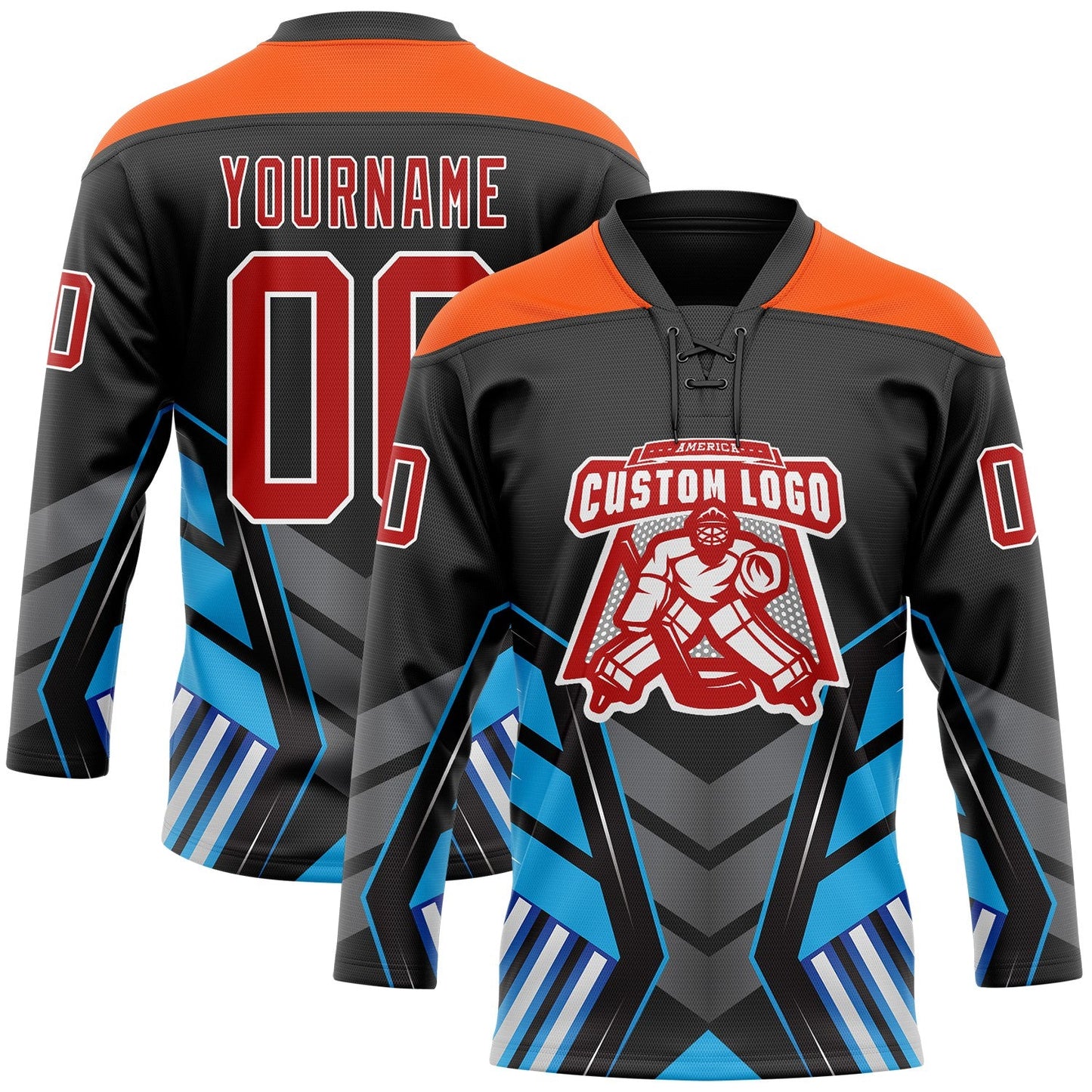 Custom Black Red Blue Gray Orange-White Abstract Pattern Graphic Cyber Mecha E-sport Hockey Lace Neck Jersey view 2
