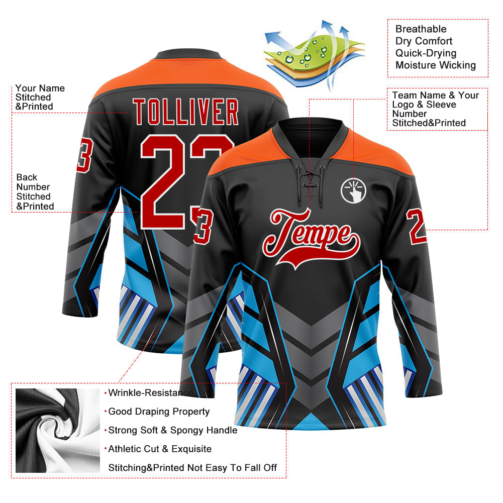 Custom Black Red Blue Gray Orange-White Abstract Pattern Graphic Cyber Mecha E-sport Hockey Lace Neck Jersey view 5