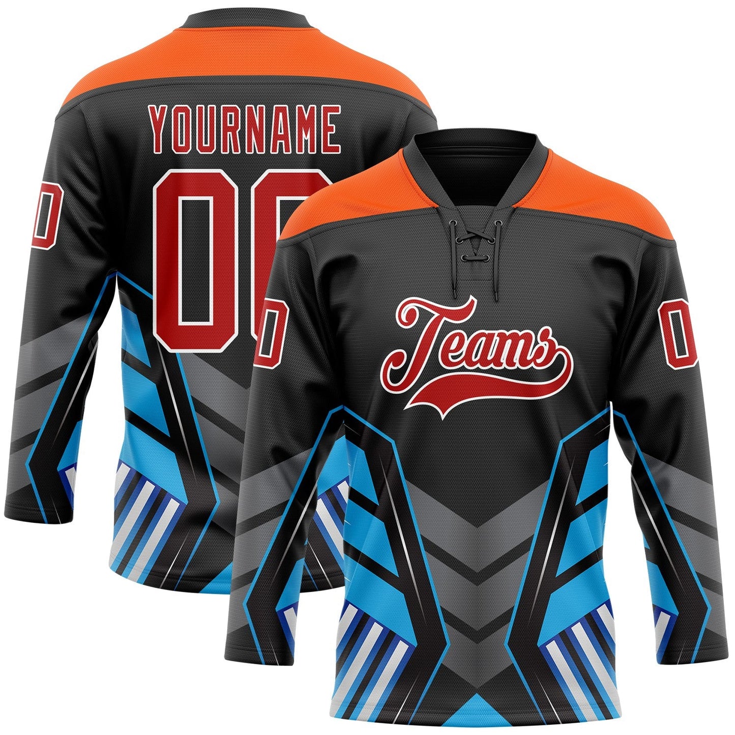 Custom Black Red Blue Gray Orange-White Abstract Pattern Graphic Cyber Mecha E-sport Hockey Lace Neck Jersey - Main View