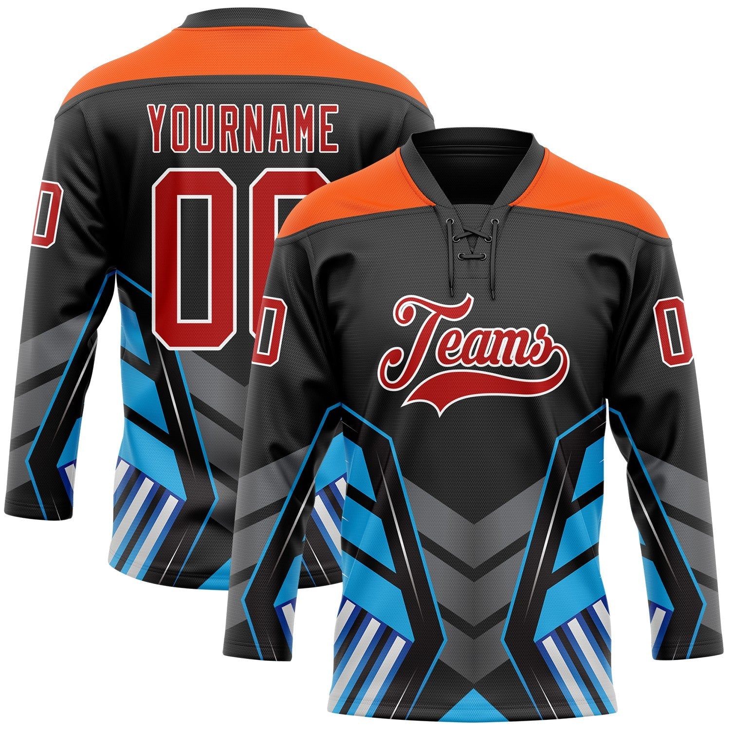 Custom Black Red Blue Gray Orange-White Abstract Pattern Graphic Cyber Mecha E-sport Hockey Lace Neck Jersey - Main View
