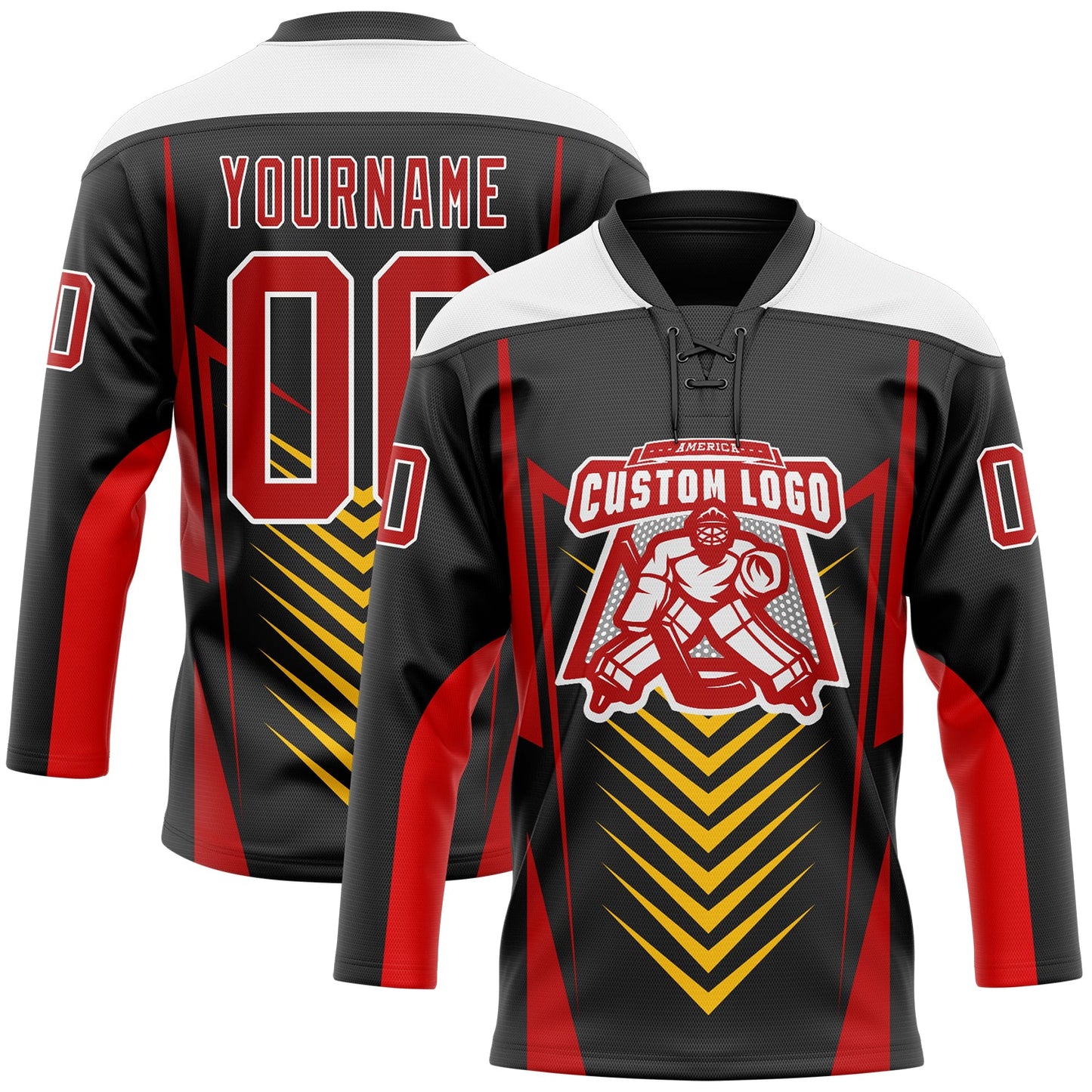 Custom Black Red Yellow-White Abstract Pattern Graphic Cyber Mecha E-sport Hockey Lace Neck Jersey view 2