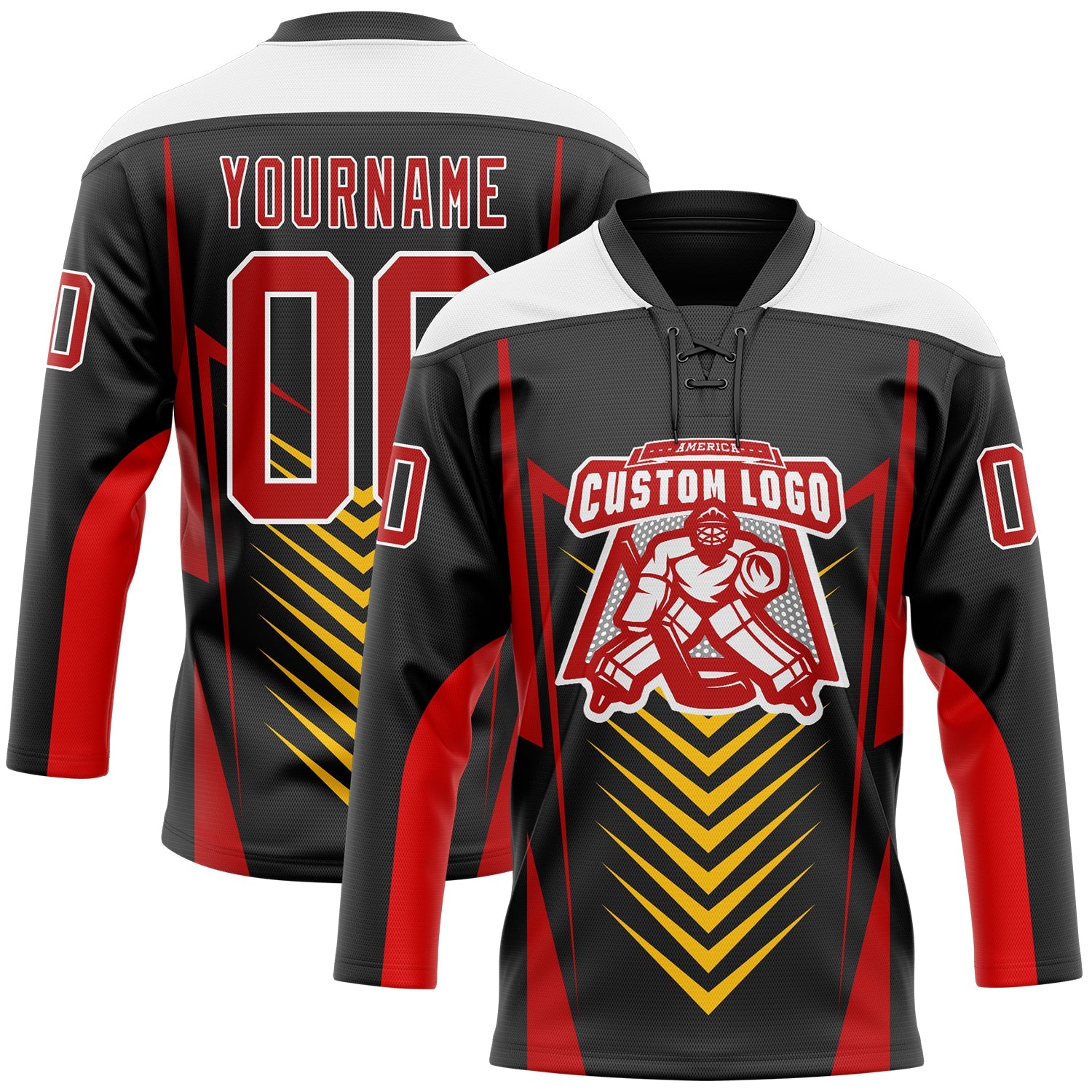 Custom Black Red Yellow-White Abstract Pattern Graphic Cyber Mecha E-sport Hockey Lace Neck Jersey view 2