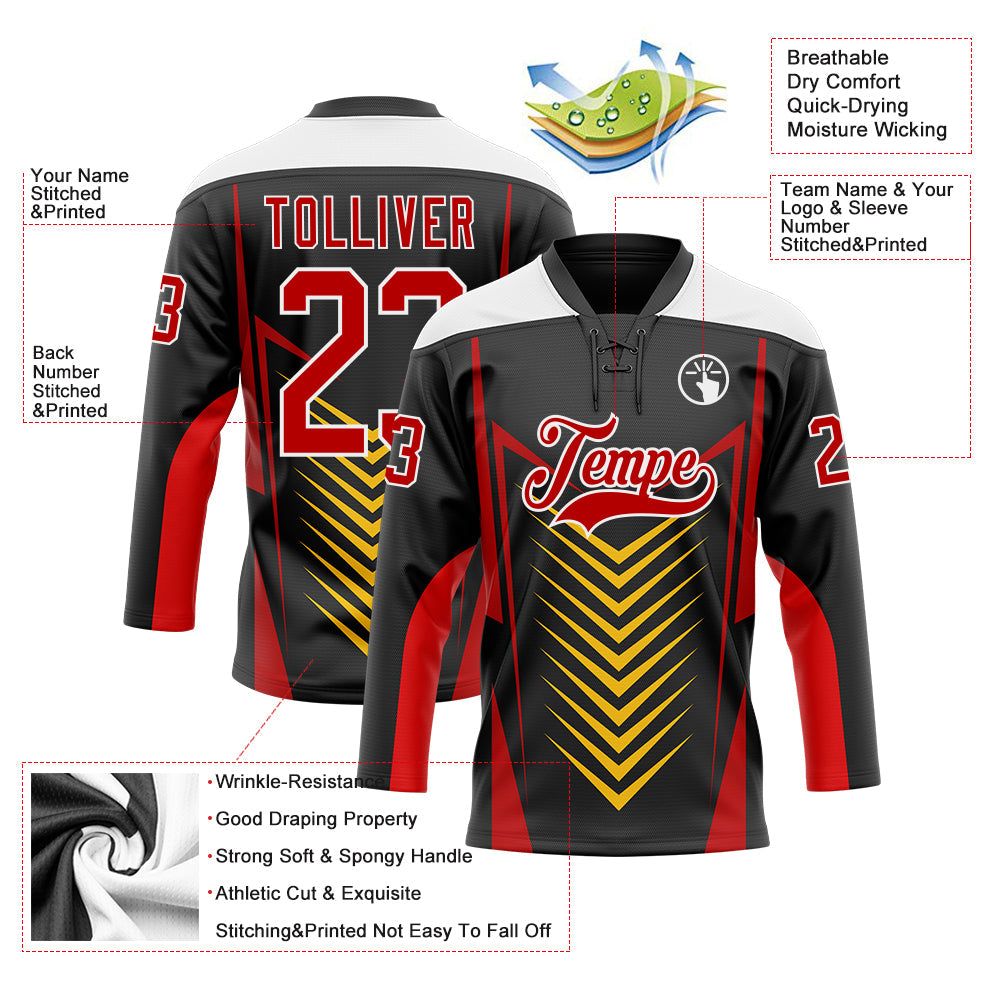 Custom Black Red Yellow-White Abstract Pattern Graphic Cyber Mecha E-sport Hockey Lace Neck Jersey view 5