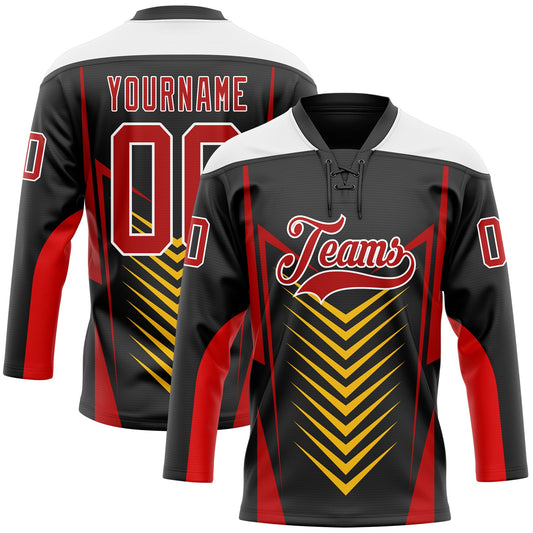 Custom Black Red Yellow-White Abstract Pattern Graphic Cyber Mecha E-sport Hockey Lace Neck Jersey - Main View
