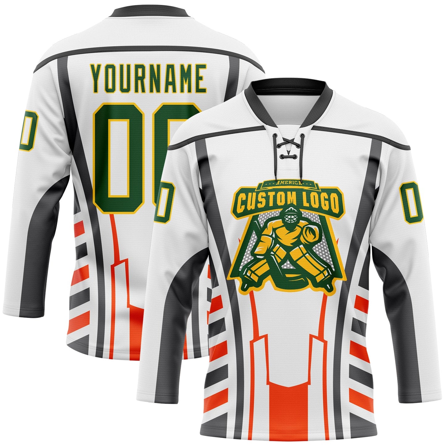 Custom White Green Red Black-Yellow Abstract Pattern Graphic Cyber Mecha E-sport Hockey Lace Neck Jersey view 2