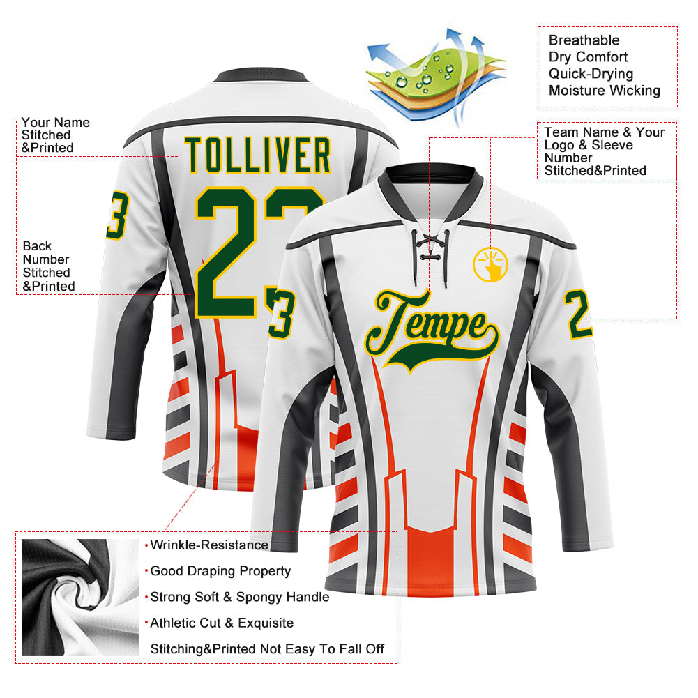 Custom White Green Red Black-Yellow Abstract Pattern Graphic Cyber Mecha E-sport Hockey Lace Neck Jersey view 5