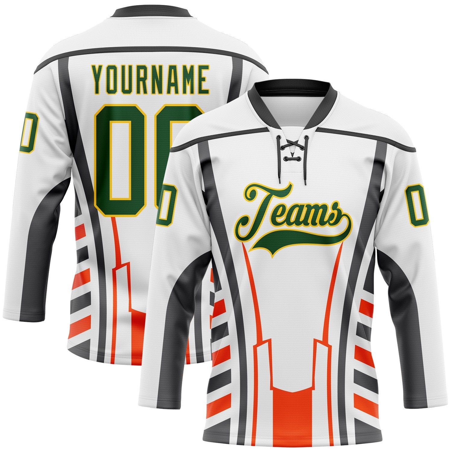 Custom White Green Red Black-Yellow Abstract Pattern Graphic Cyber Mecha E-sport Hockey Lace Neck Jersey - Main View