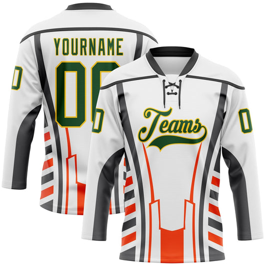 Custom White Green Red Black-Yellow Abstract Pattern Graphic Cyber Mecha E-sport Hockey Lace Neck Jersey - Main View