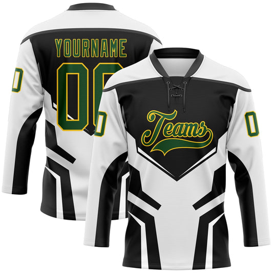 Custom White Green Black-Yellow Abstract Pattern Graphic Cyber Mecha E-sport Hockey Lace Neck Jersey - Main View