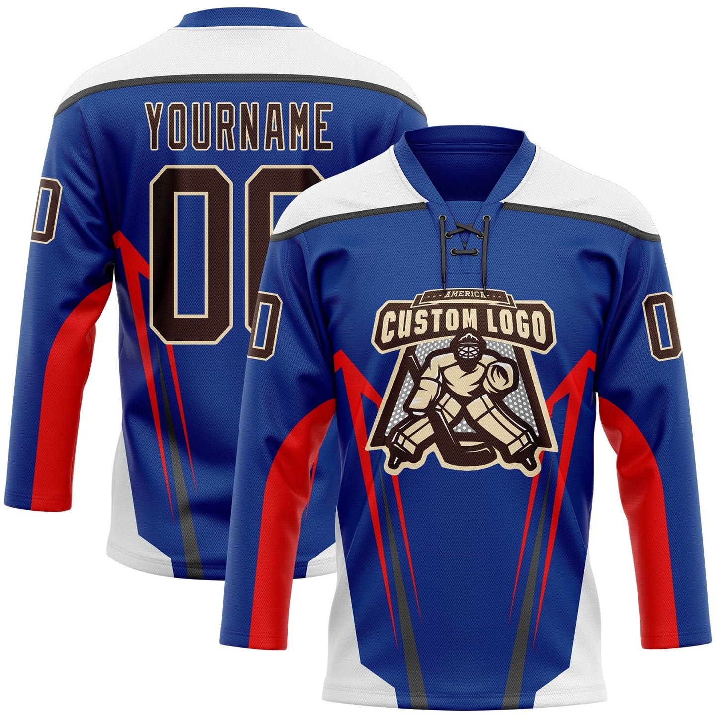 Custom Royal Brown Red Black Cream-White Abstract Pattern Graphic Cyber Mecha E-sport Hockey Lace Neck Jersey view 2
