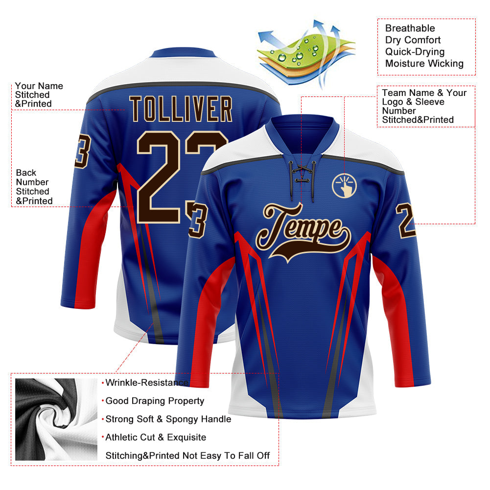 Custom Royal Brown Red Black Cream-White Abstract Pattern Graphic Cyber Mecha E-sport Hockey Lace Neck Jersey view 5