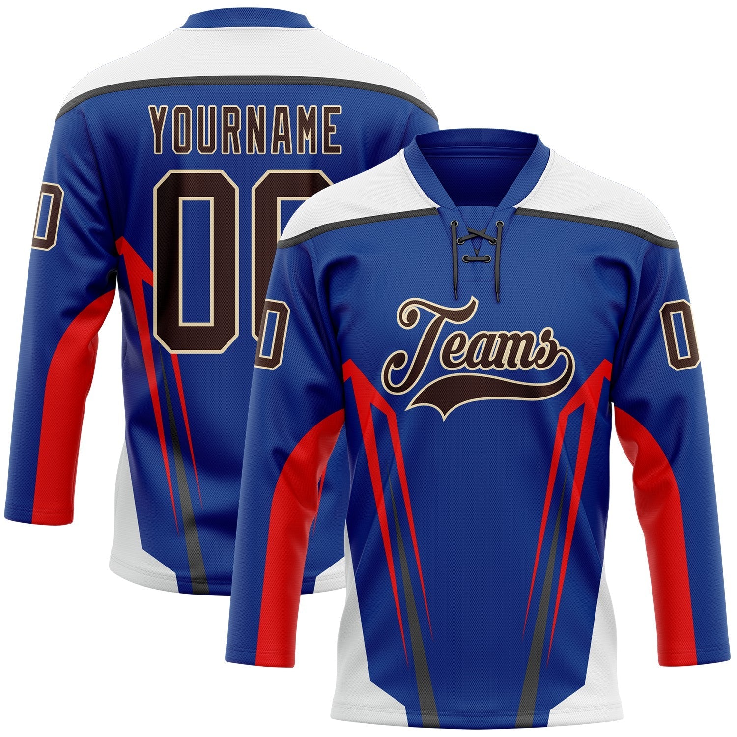Custom Royal Brown Red Black Cream-White Abstract Pattern Graphic Cyber Mecha E-sport Hockey Lace Neck Jersey - Main View