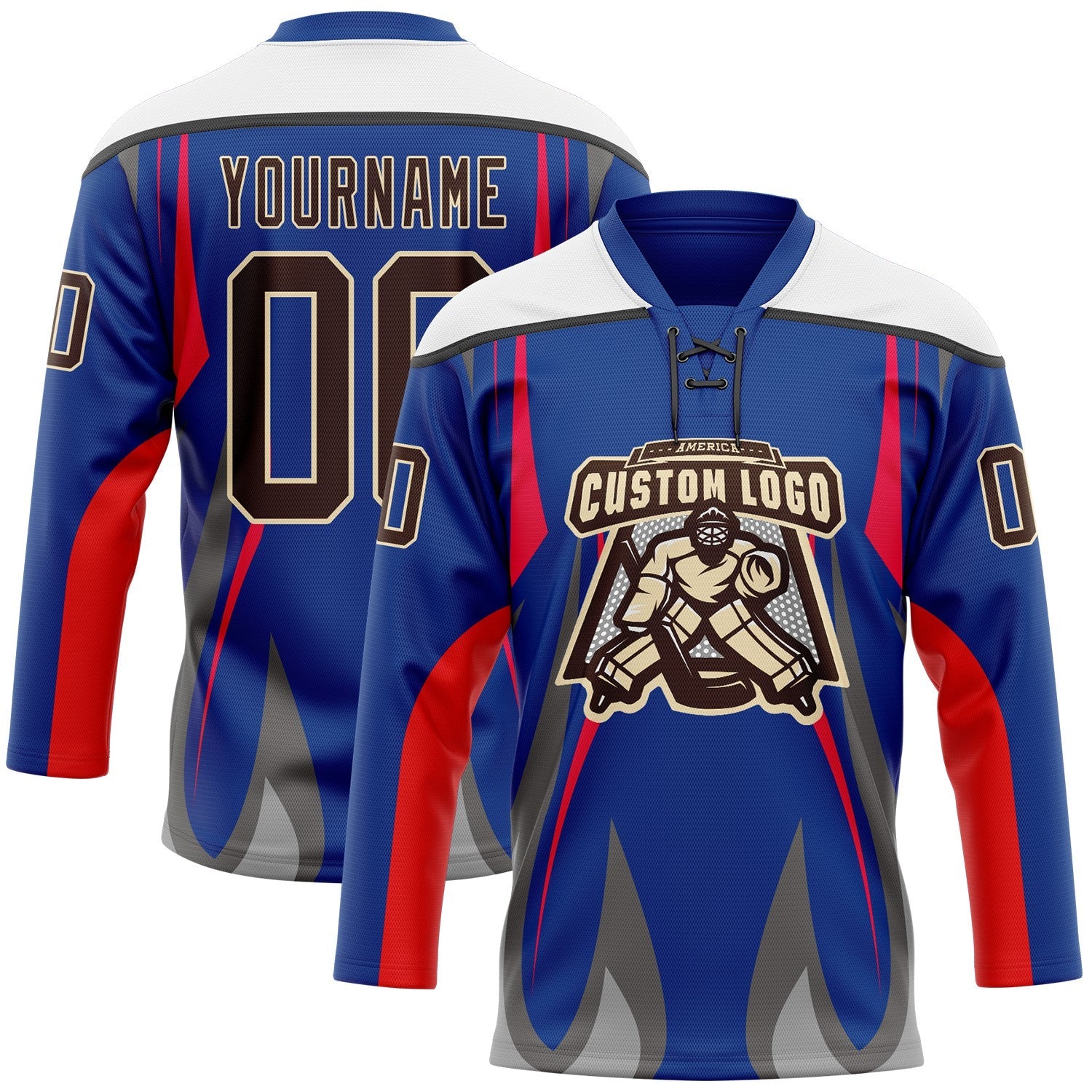 Custom Royal Brown Red Gray Black Cream-White Abstract Pattern Graphic Cyber Mecha E-sport Hockey Lace Neck Jersey view 2