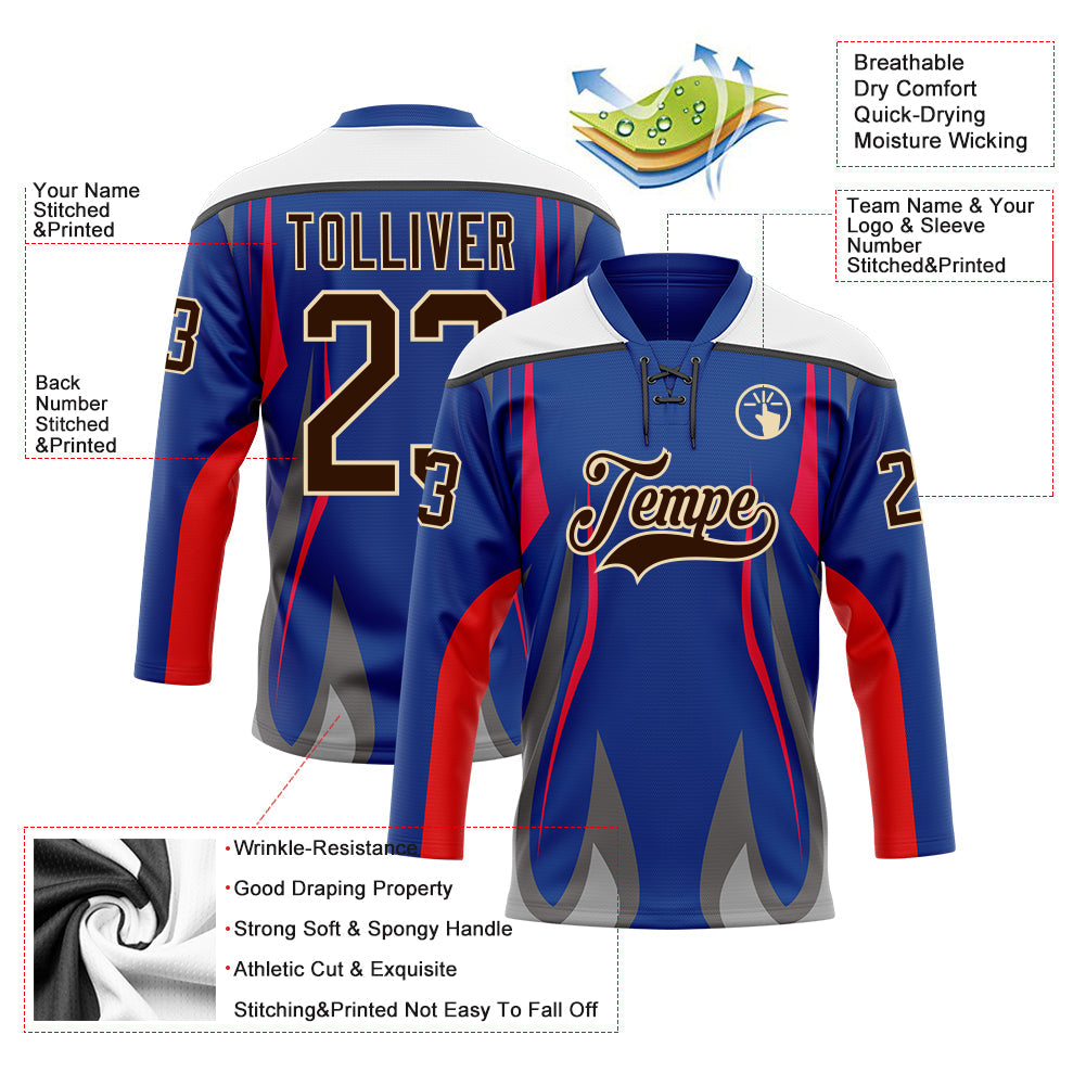 Custom Royal Brown Red Gray Black Cream-White Abstract Pattern Graphic Cyber Mecha E-sport Hockey Lace Neck Jersey view 5