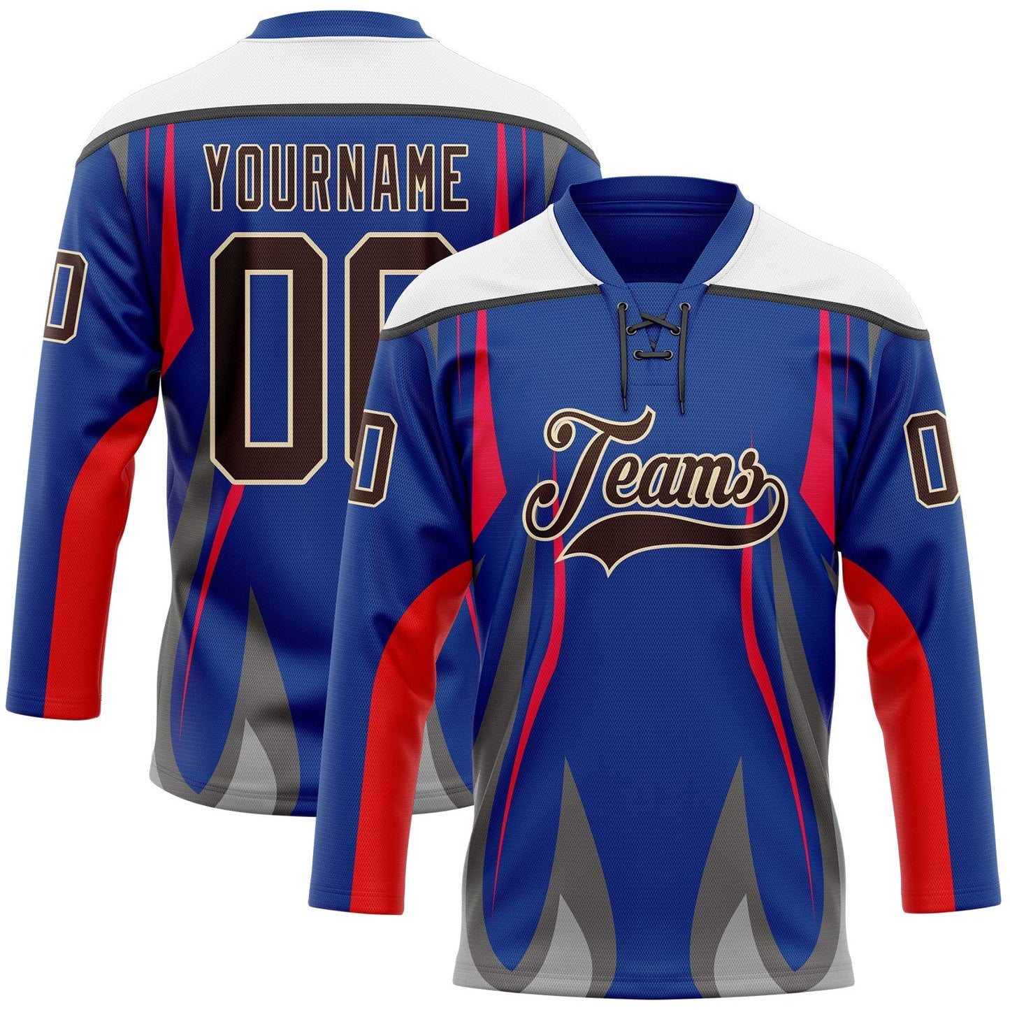 Custom Royal Brown Red Gray Black Cream-White Abstract Pattern Graphic Cyber Mecha E-sport Hockey Lace Neck Jersey - Main View
