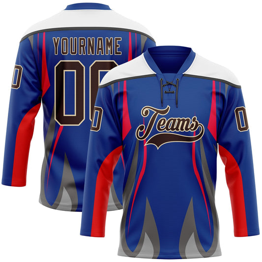 Custom Royal Brown Red Gray Black Cream-White Abstract Pattern Graphic Cyber Mecha E-sport Hockey Lace Neck Jersey - Main View