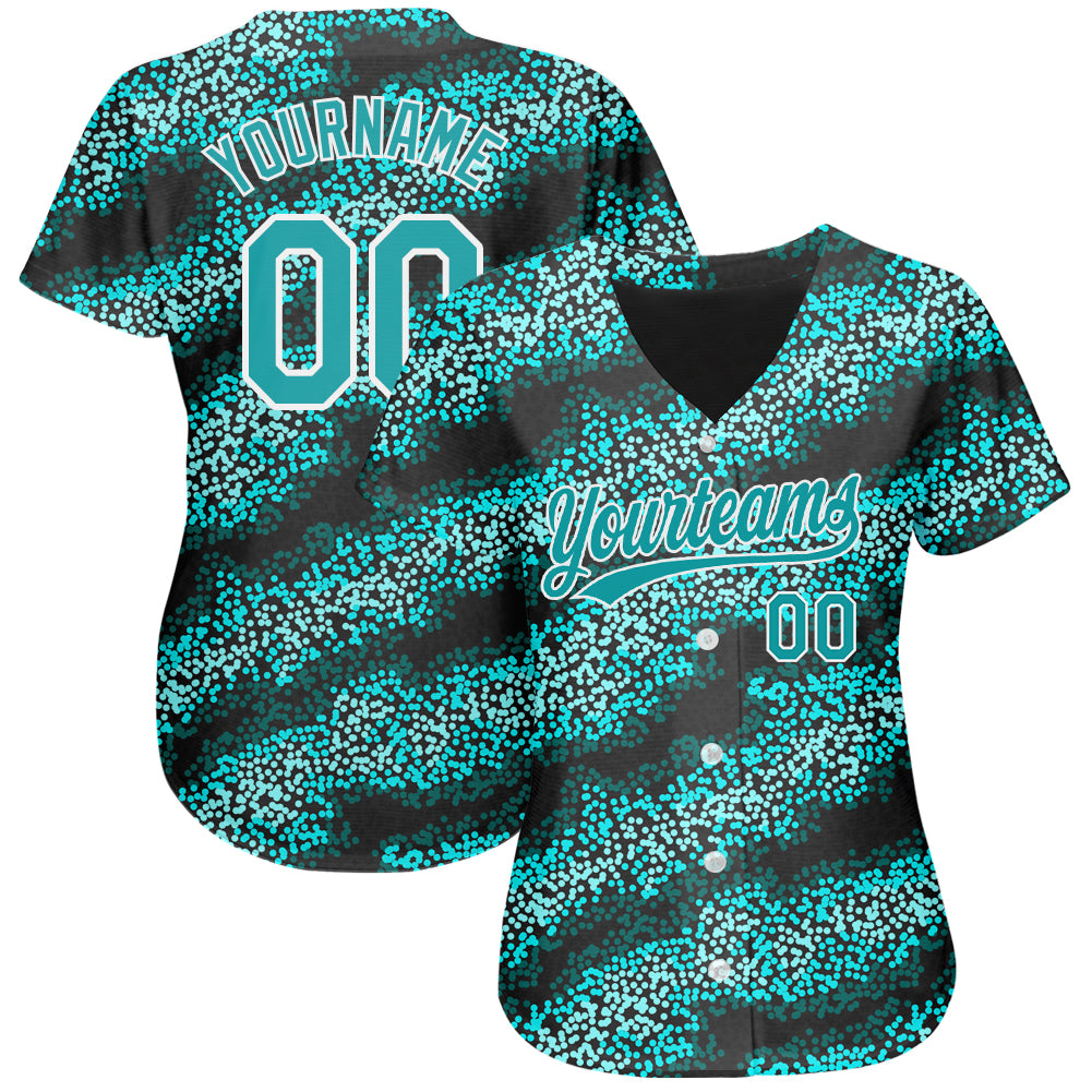Custom Teal Teal-Black 3D Pattern Design Authentic Baseball Jersey view 2