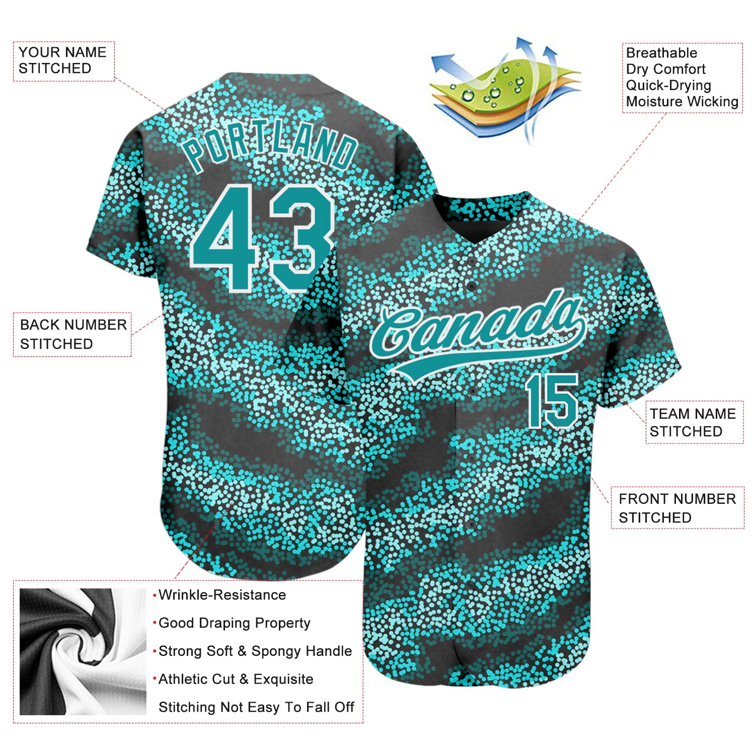 Custom Teal Teal-Black 3D Pattern Design Authentic Baseball Jersey view 3
