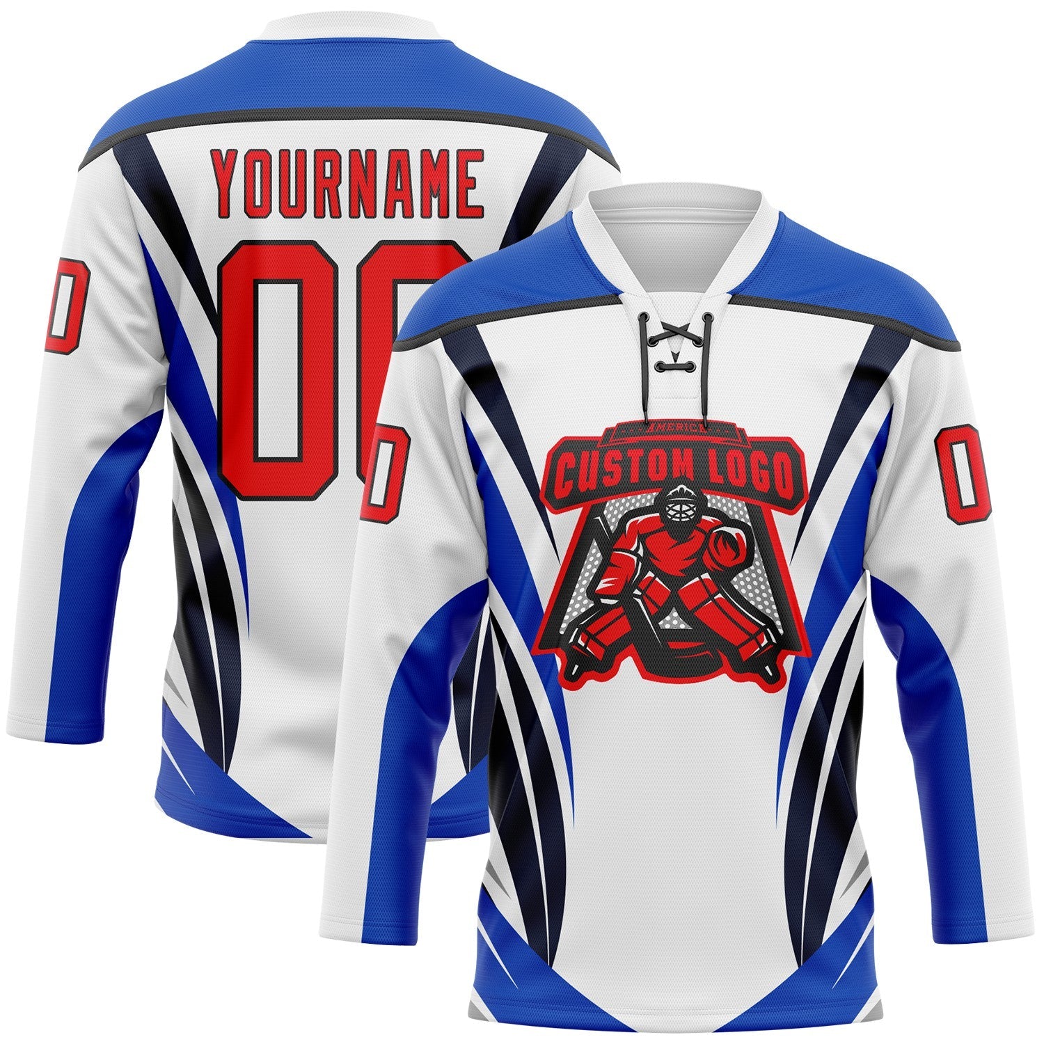 Custom White Fire Red Thunder Blue-Black Abstract Pattern Graphic Cyber Mecha E-sport Hockey Lace Neck Jersey view 2