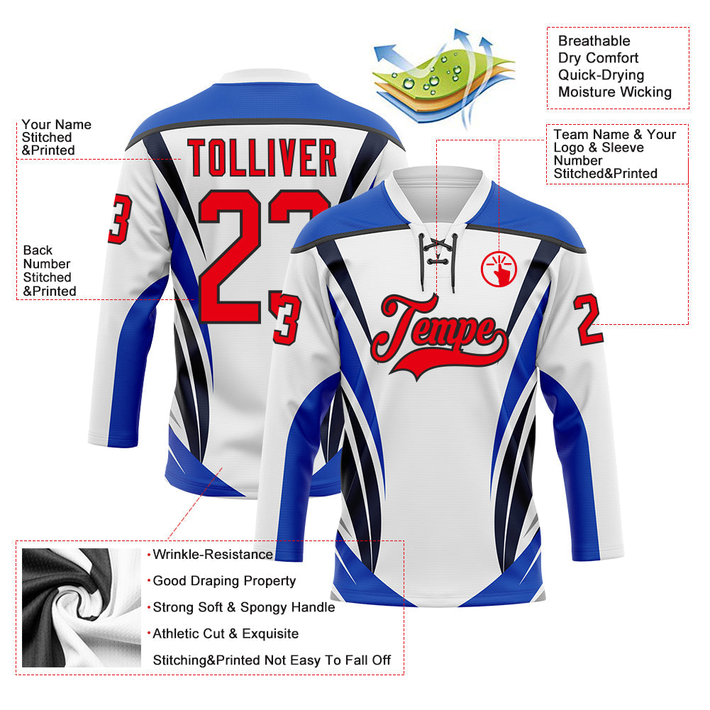 Custom White Fire Red Thunder Blue-Black Abstract Pattern Graphic Cyber Mecha E-sport Hockey Lace Neck Jersey view 5