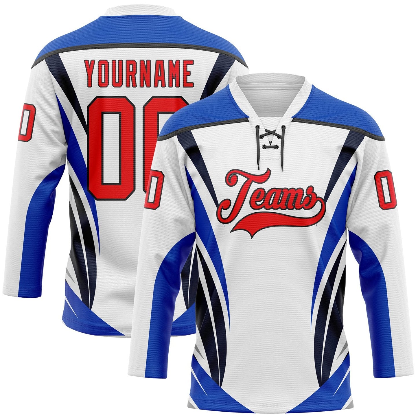 Custom White Fire Red Thunder Blue-Black Abstract Pattern Graphic Cyber Mecha E-sport Hockey Lace Neck Jersey - Main View