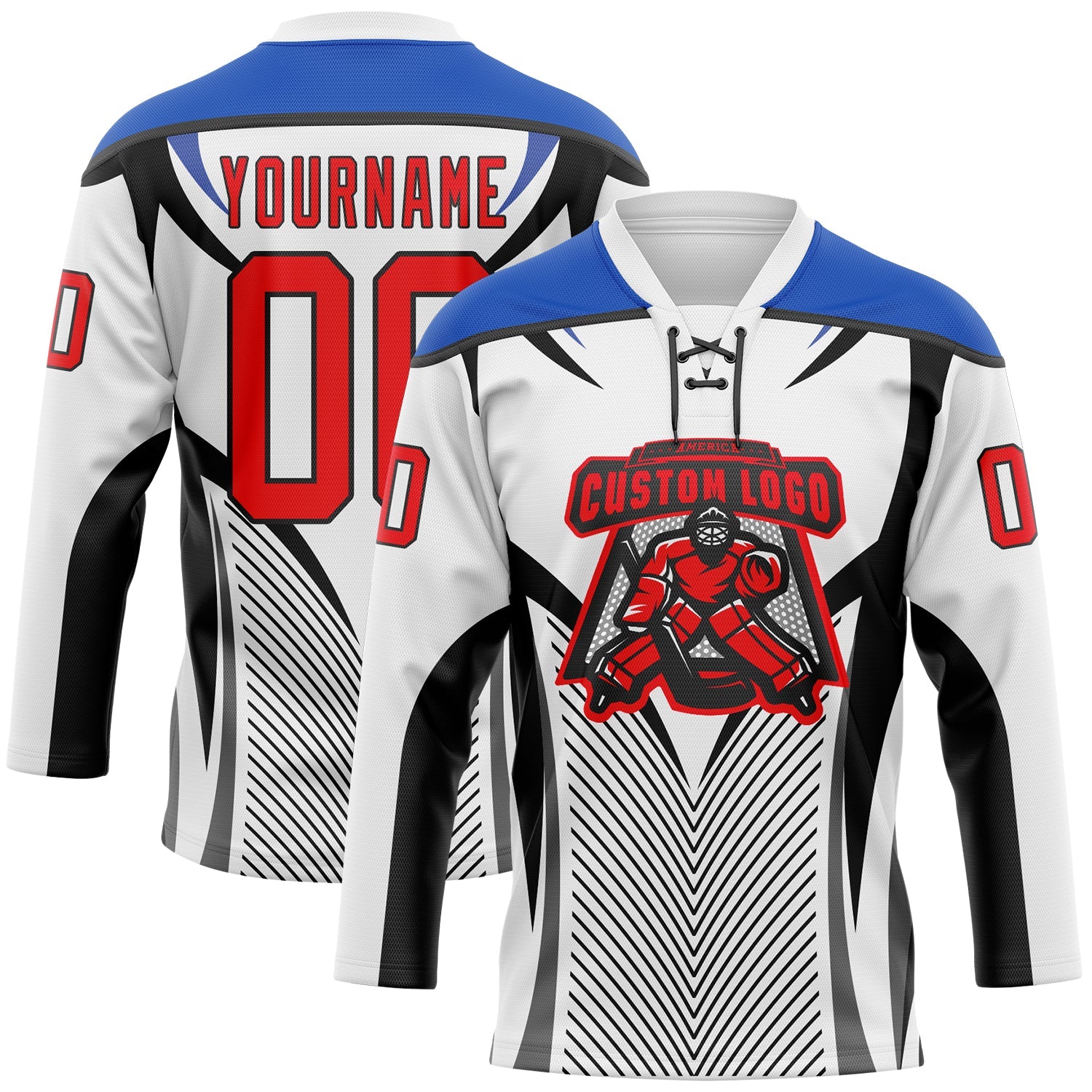 Custom White Fire Red Thunder Blue-Black Abstract Pattern Graphic Cyber Mecha E-sport Hockey Lace Neck Jersey view 2