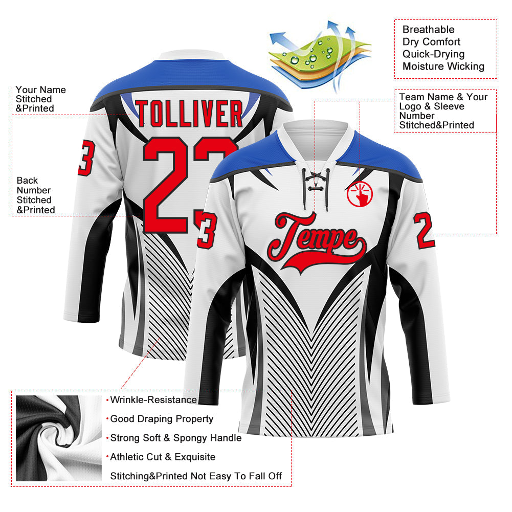 Custom White Fire Red Thunder Blue-Black Abstract Pattern Graphic Cyber Mecha E-sport Hockey Lace Neck Jersey view 5