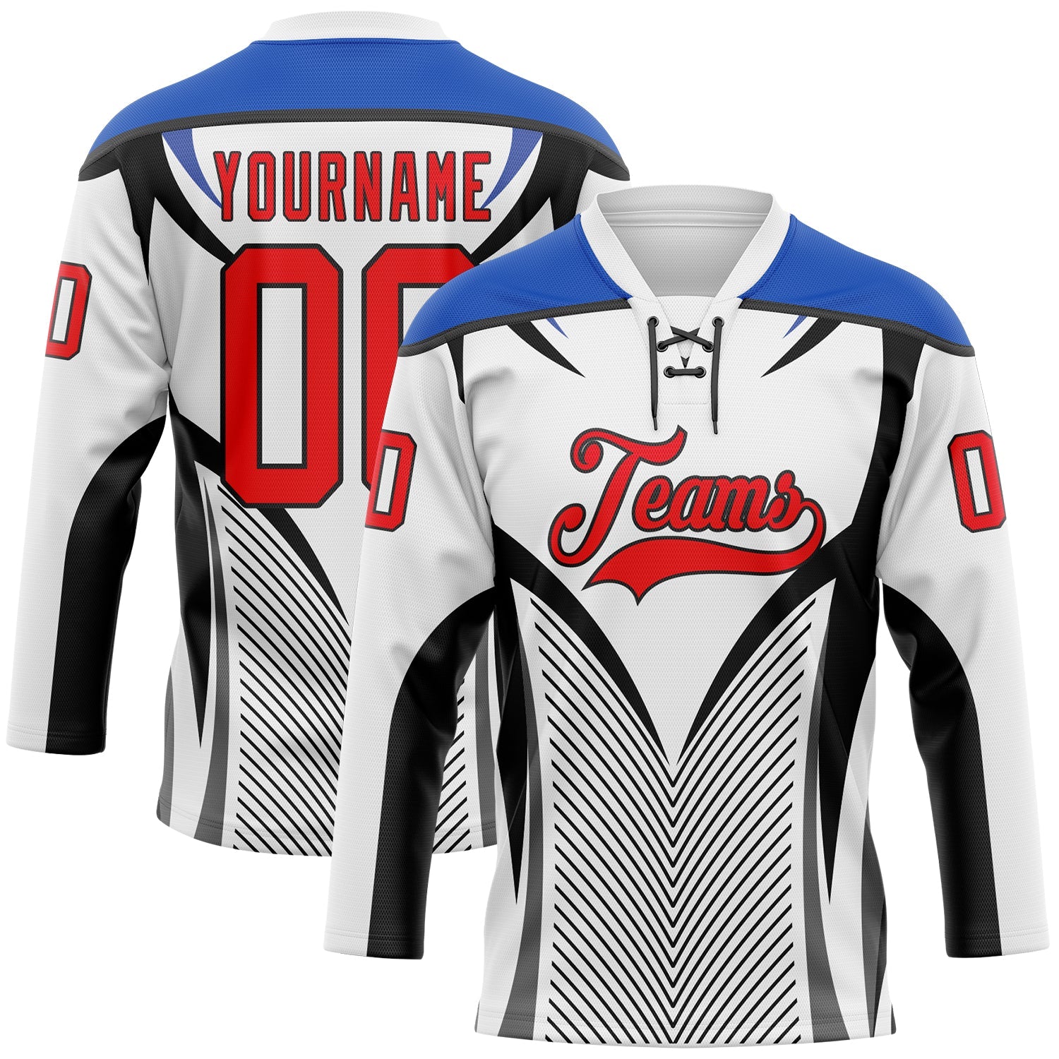 Custom White Fire Red Thunder Blue-Black Abstract Pattern Graphic Cyber Mecha E-sport Hockey Lace Neck Jersey - Main View