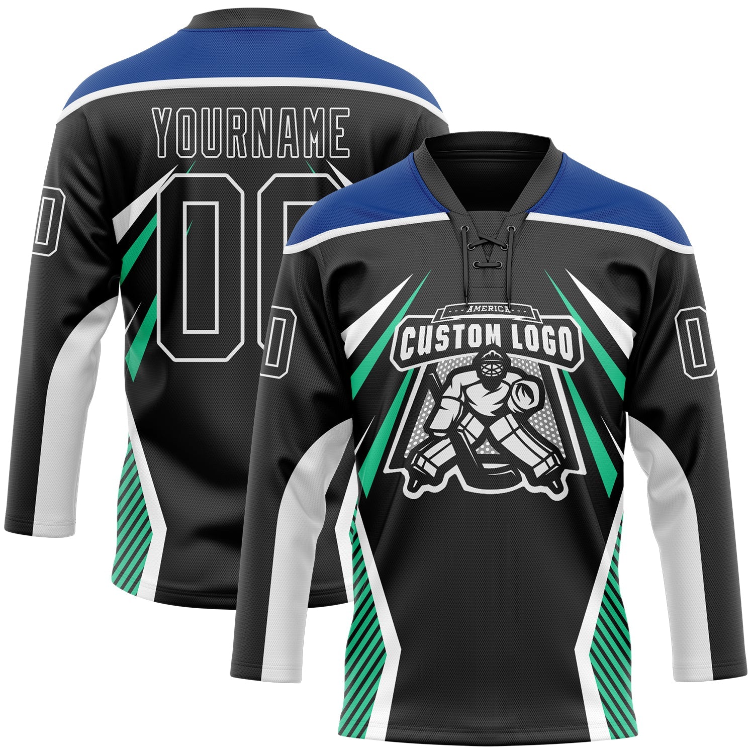 Custom Black Royal Green-White Abstract Pattern Graphic Cyber Mecha E-sport Hockey Lace Neck Jersey view 2