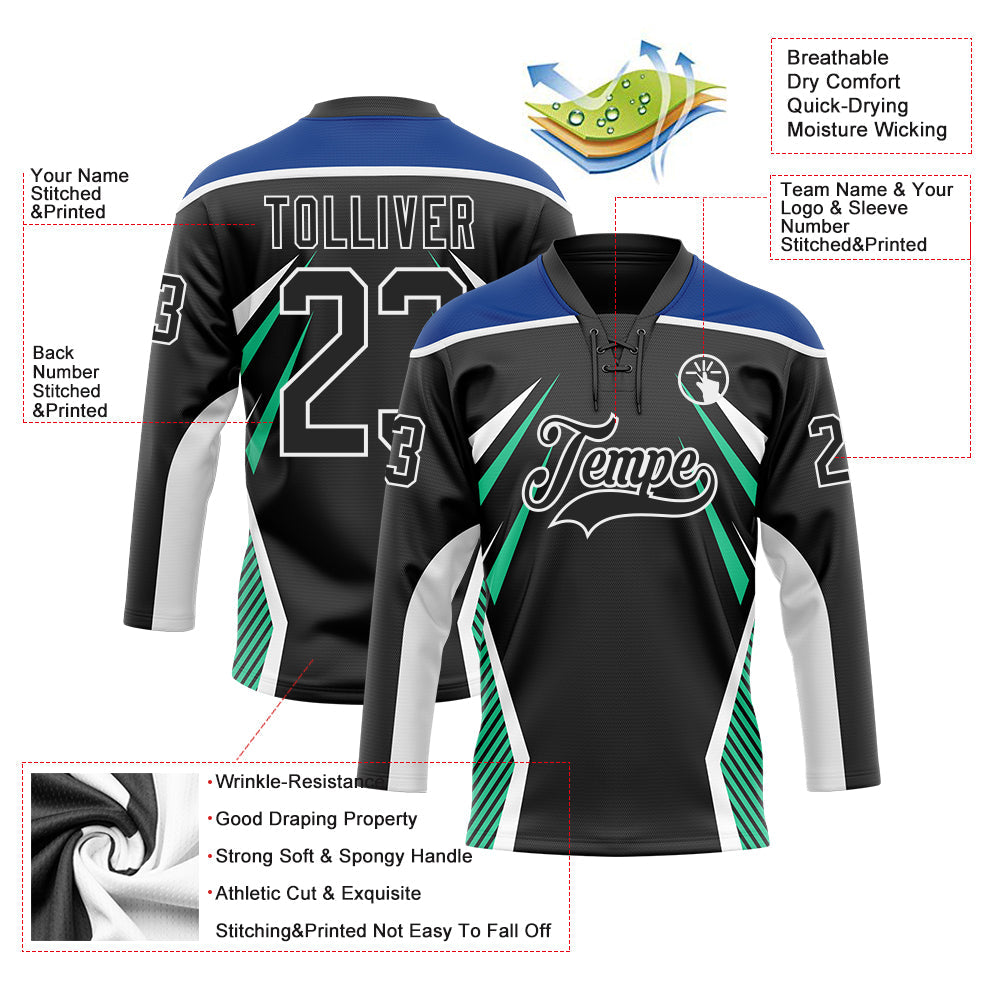 Custom Black Royal Green-White Abstract Pattern Graphic Cyber Mecha E-sport Hockey Lace Neck Jersey view 5