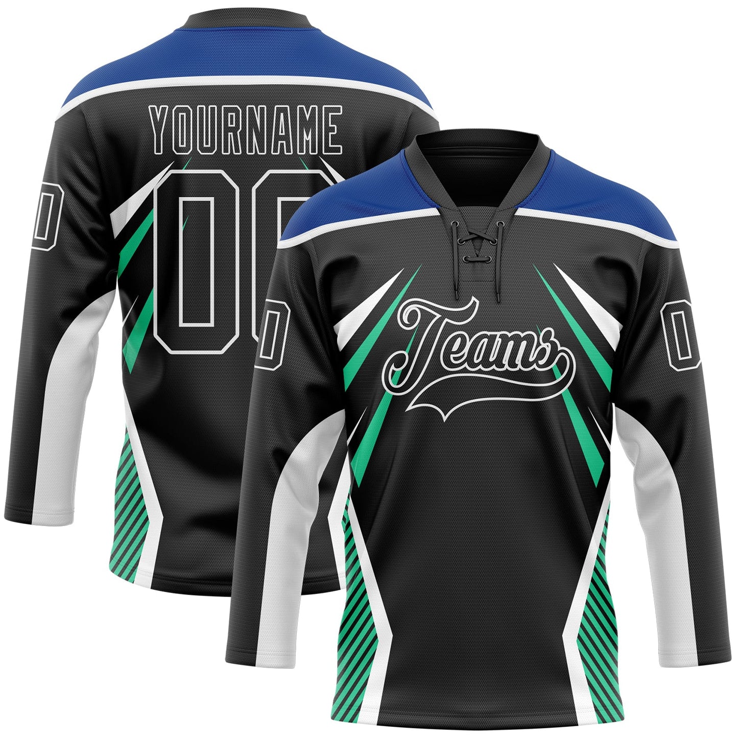 Custom Black Royal Green-White Abstract Pattern Graphic Cyber Mecha E-sport Hockey Lace Neck Jersey - Main View
