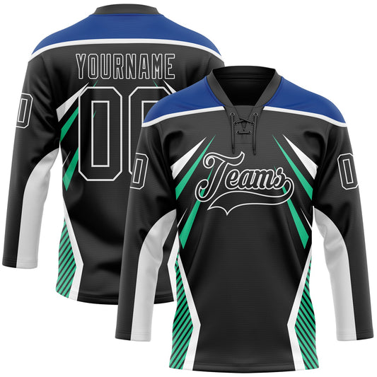 Custom Black Royal Green-White Abstract Pattern Graphic Cyber Mecha E-sport Hockey Lace Neck Jersey - Main View
