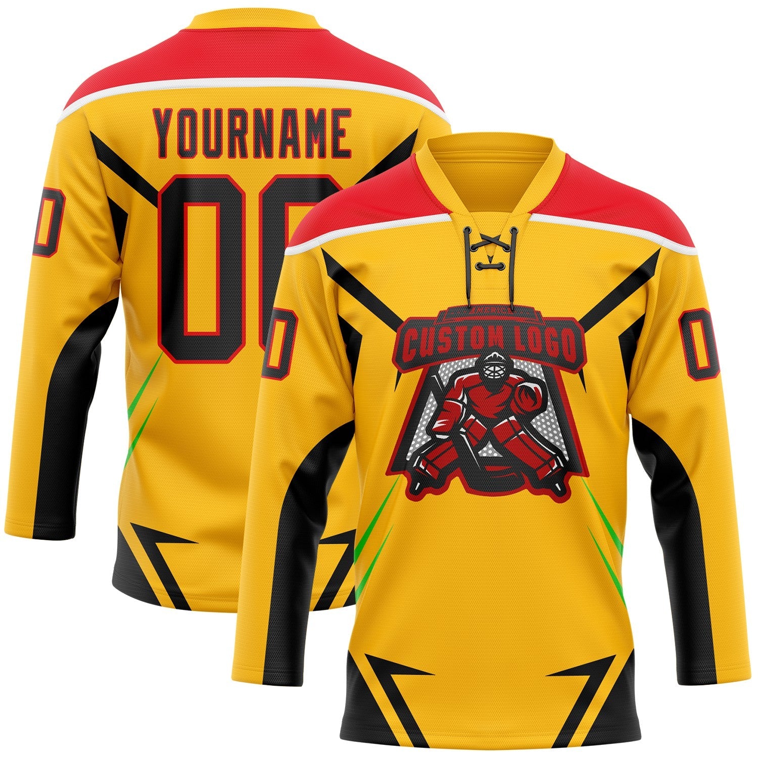 Custom Gold Black Fire Red Green-White Abstract Pattern Graphic Cyber Mecha E-sport Hockey Lace Neck Jersey view 2