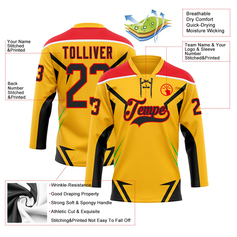Custom Gold Black Fire Red Green-White Abstract Pattern Graphic Cyber Mecha E-sport Hockey Lace Neck Jersey view 5