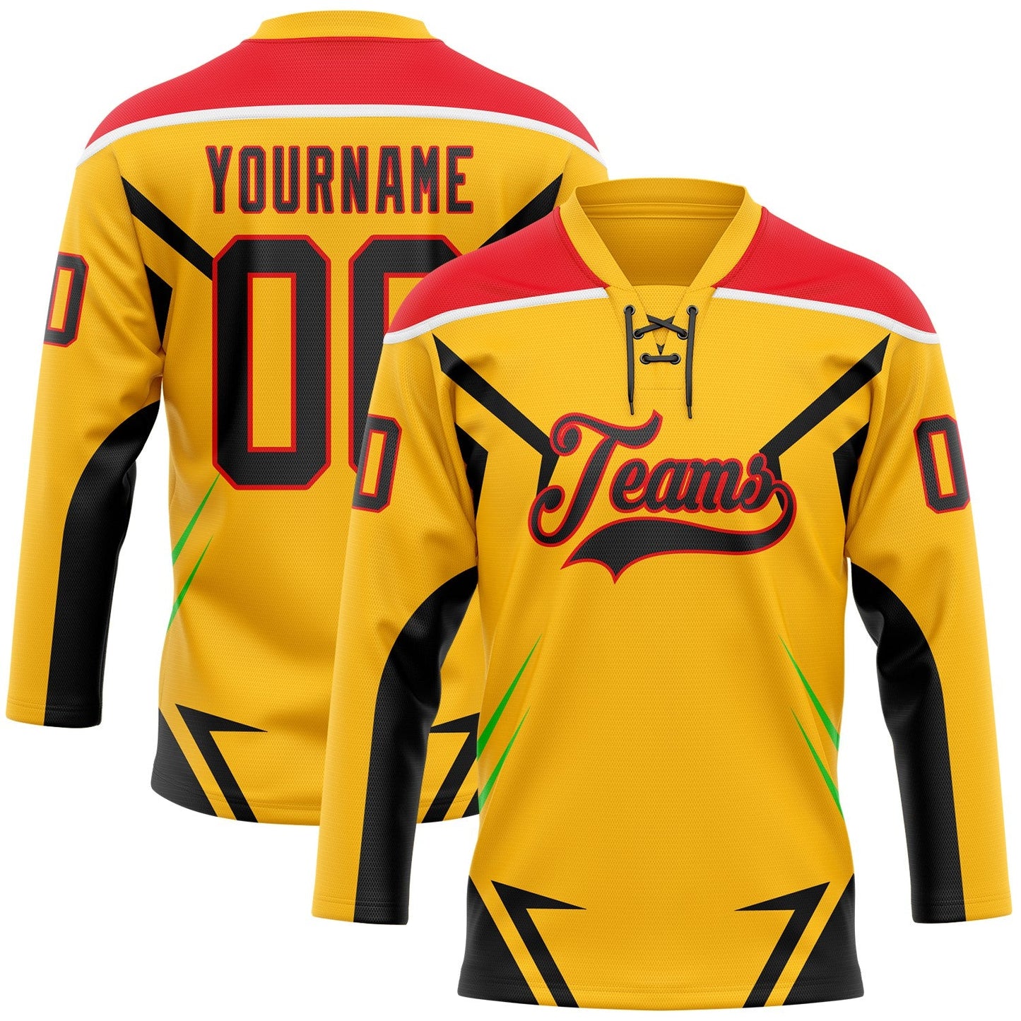 Custom Gold Black Fire Red Green-White Abstract Pattern Graphic Cyber Mecha E-sport Hockey Lace Neck Jersey - Main View