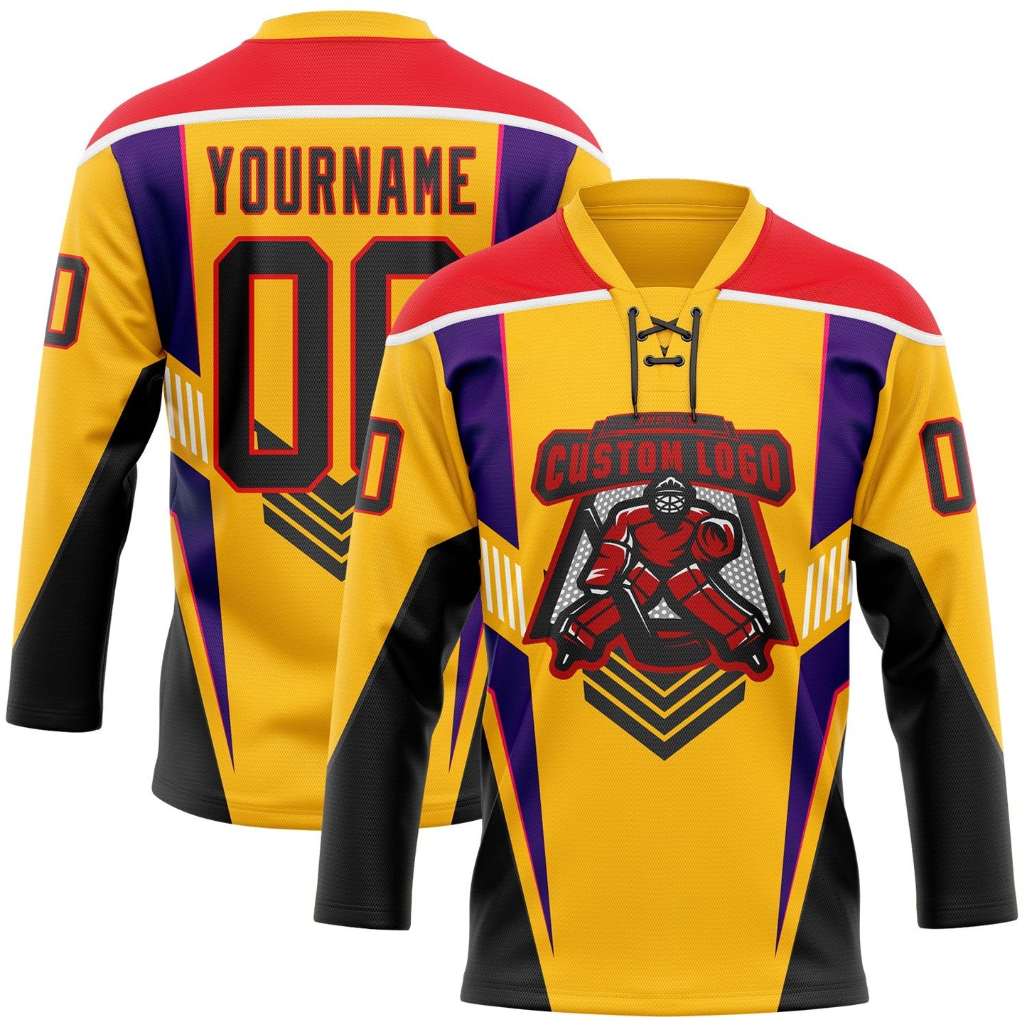 Custom Gold Black Fire Red Purple-White Abstract Pattern Graphic Cyber Mecha E-sport Hockey Lace Neck Jersey view 2