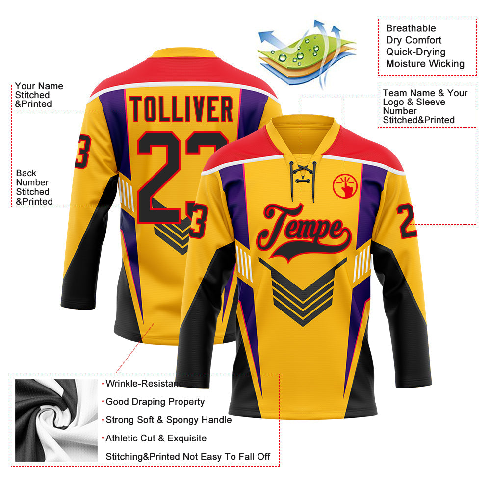 Custom Gold Black Fire Red Purple-White Abstract Pattern Graphic Cyber Mecha E-sport Hockey Lace Neck Jersey view 5