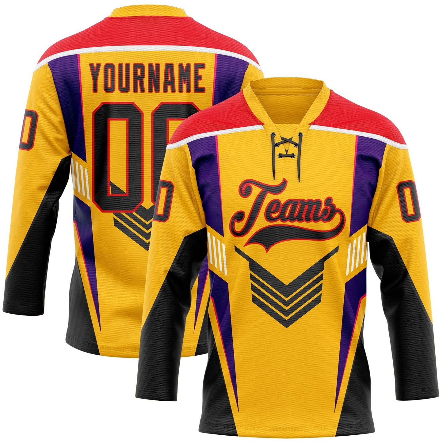 Custom Gold Black Fire Red Purple-White Abstract Pattern Graphic Cyber Mecha E-sport Hockey Lace Neck Jersey - Main View