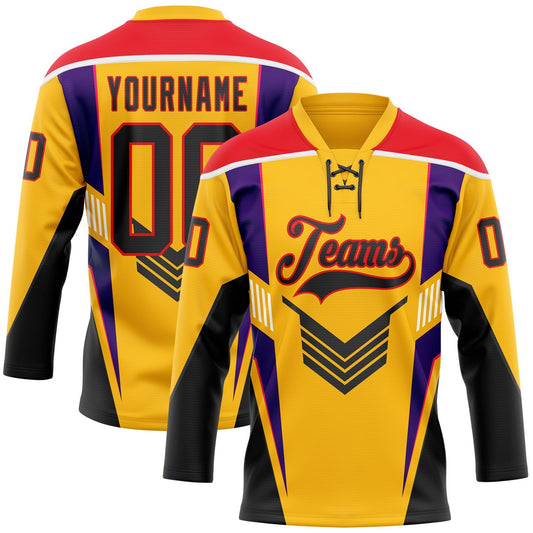 Custom Gold Black Fire Red Purple-White Abstract Pattern Graphic Cyber Mecha E-sport Hockey Lace Neck Jersey - Main View