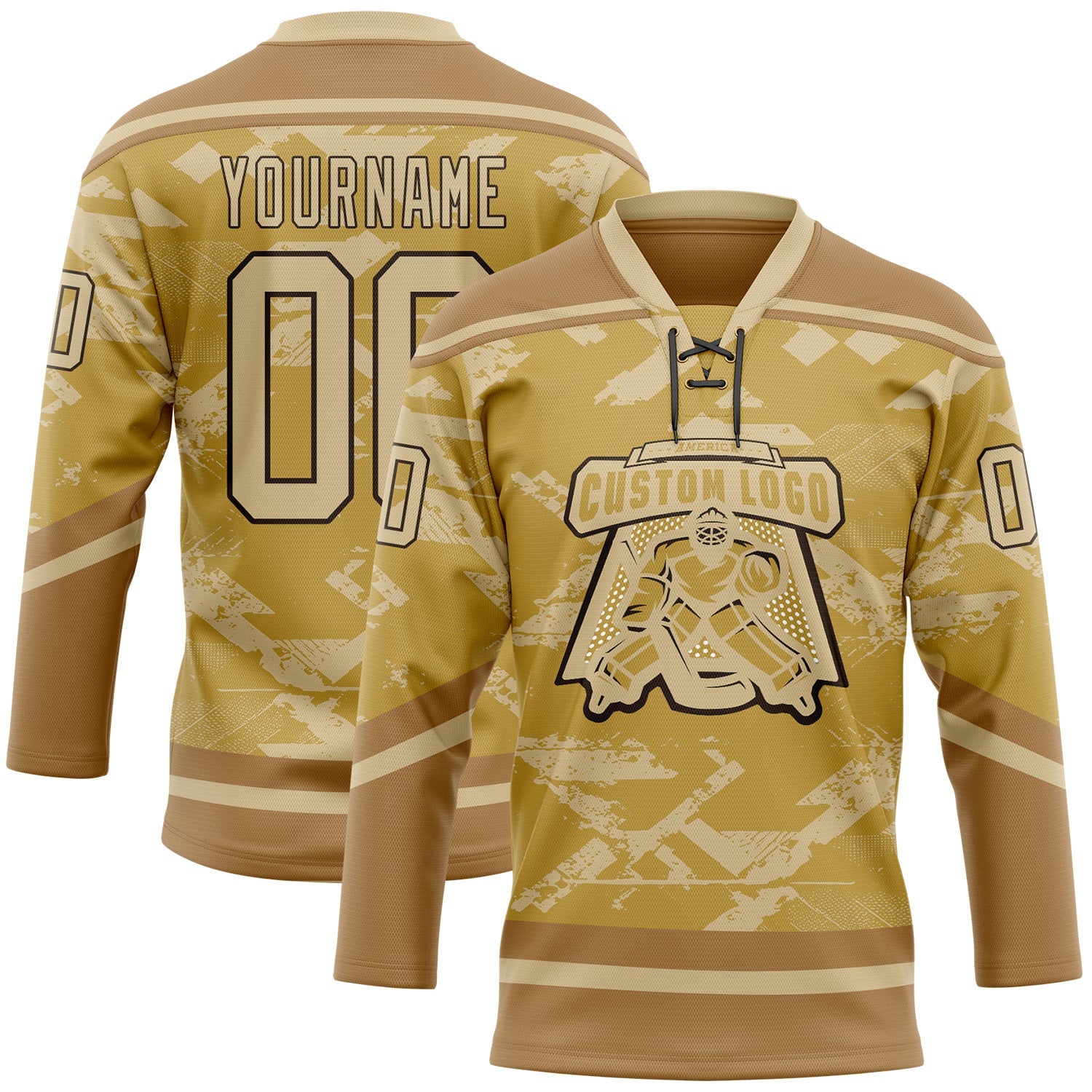 Custom Old Gold Vegas Gold Brown-Black Tribal Indigenous Grunge Splash Hockey Lace Neck Jersey view 2