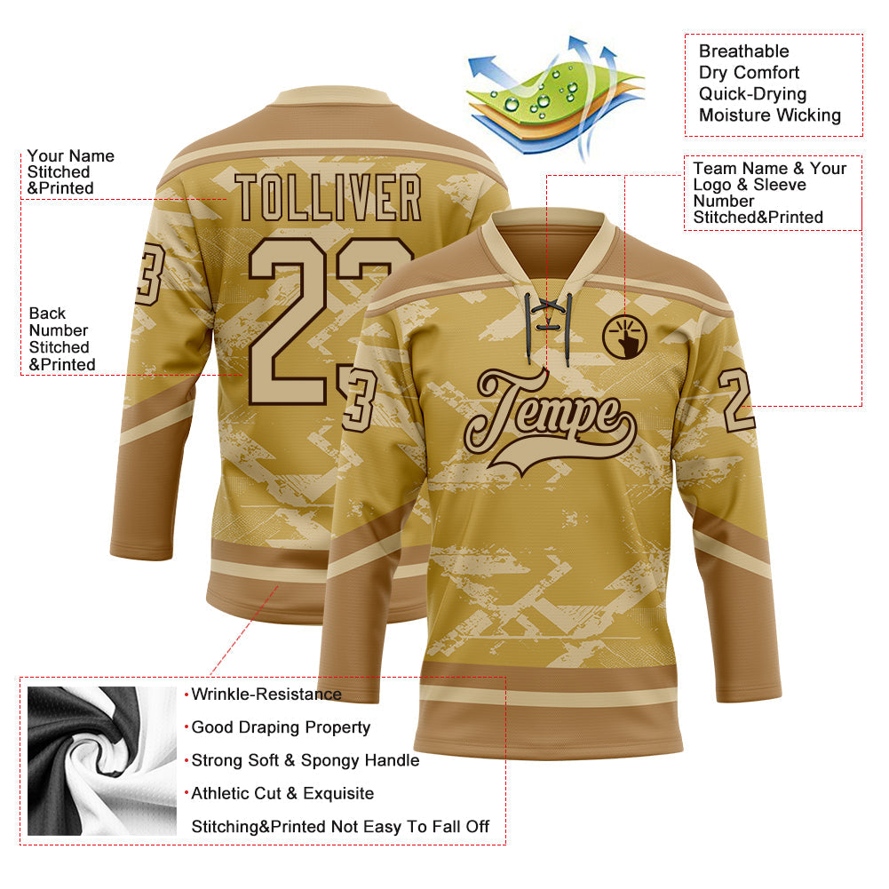 Custom Old Gold Vegas Gold Brown-Black Tribal Indigenous Grunge Splash Hockey Lace Neck Jersey view 5