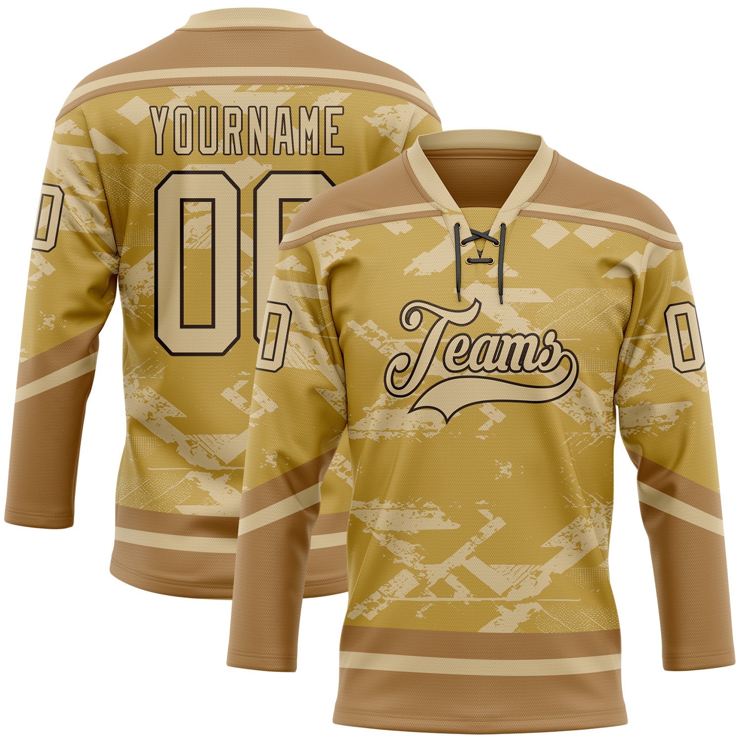Custom Old Gold Vegas Gold Brown-Black Tribal Indigenous Grunge Splash Hockey Lace Neck Jersey - Main View