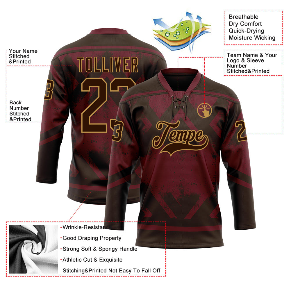 Custom Burgundy Brown-Old Gold Tribal Indigenous Grunge Splash Hockey Lace Neck Jersey view 5