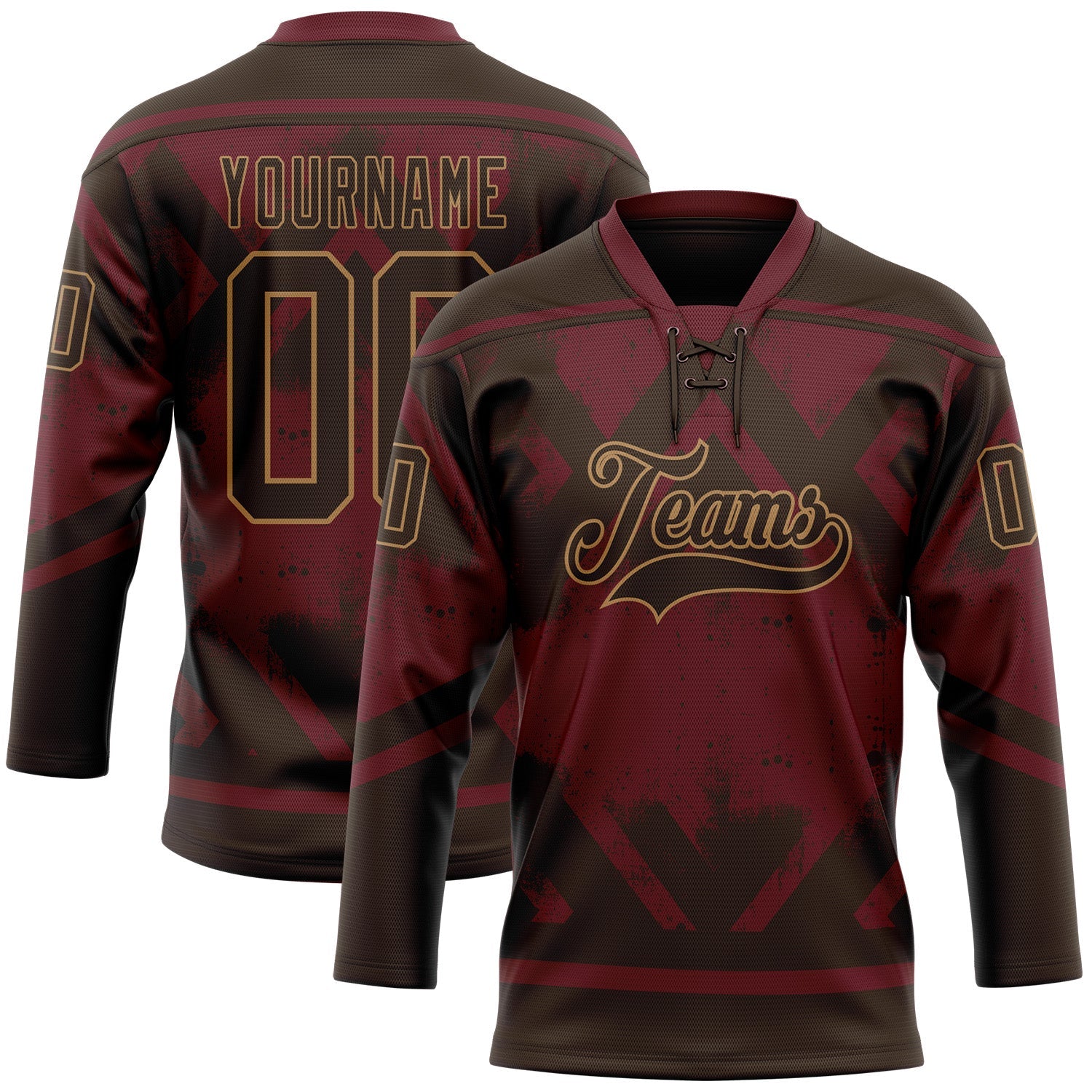 Custom Burgundy Brown-Old Gold Tribal Indigenous Grunge Splash Hockey Lace Neck Jersey - Main View