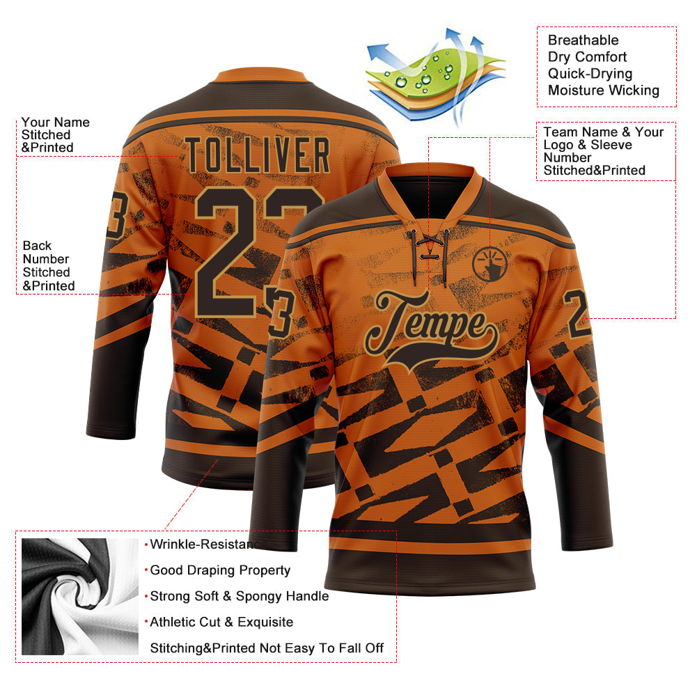 Custom Texas Orange Brown-Old Gold Tribal Indigenous Gradient Geometric Splash Hockey Lace Neck Jersey view 5